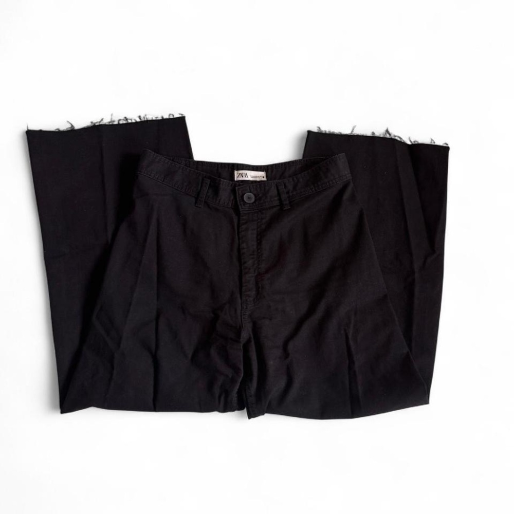 ZARA Womens Black Wide Leg Raw Hem Pants Size 14 Minimalist Casual Street Style - Picture 3 of 5